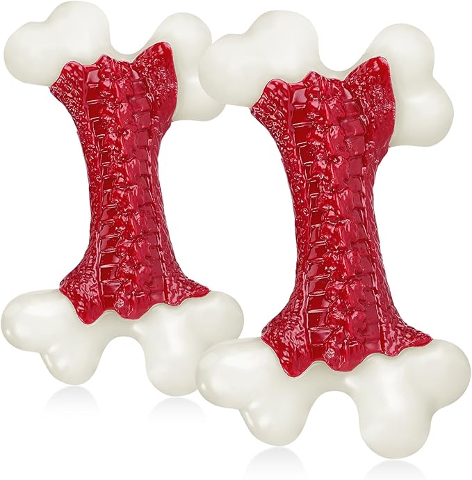 2-Pack Indestructible Dog Toys for Aggressive Chewers: Beef Flavored Hard Nylon Bone Chew Toys, Tough Dog Chew Toys for Large Dogs, Dog Toys to Keep Them Busy for Medium Large Breed, Red