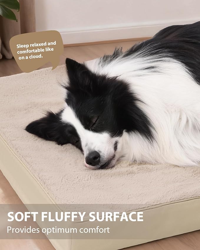 KSIIA Orthopedic Dog Bed Crate Waterproof Pet Mats for Extra Large Dogs Deluxe Plush Washable Pet Bed with Egg Crate Foam & Removable Cover, 47 x 29 Inch, Khaki