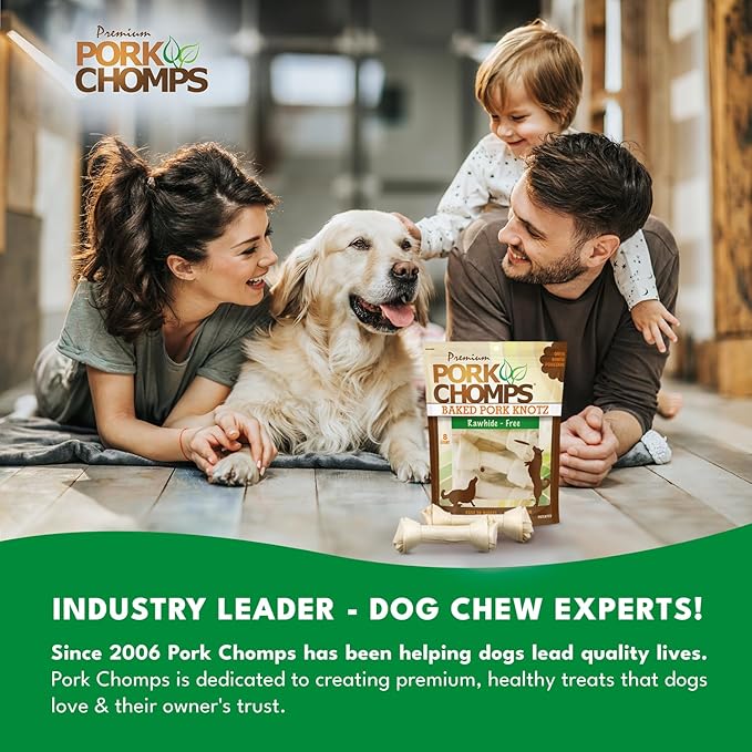 Pork Chomps Baked Pork Skin Dog Chews, 7 Inch Knots, 8 Count, 1 Pack - Long-Lasting Treats for Dogs - High Protein, Rawhide-Free, Low Fat, Healthy & Delicious Chews