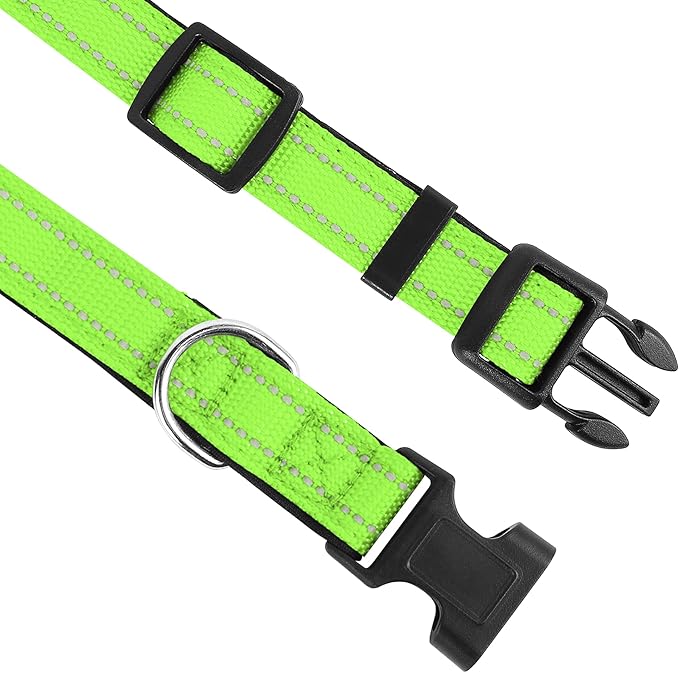 Reflective Dog Collar, Adjustable Soft Neoprene Padded Nylon Pet Collars with Buckle for Extra Large Dogs, Green,XL