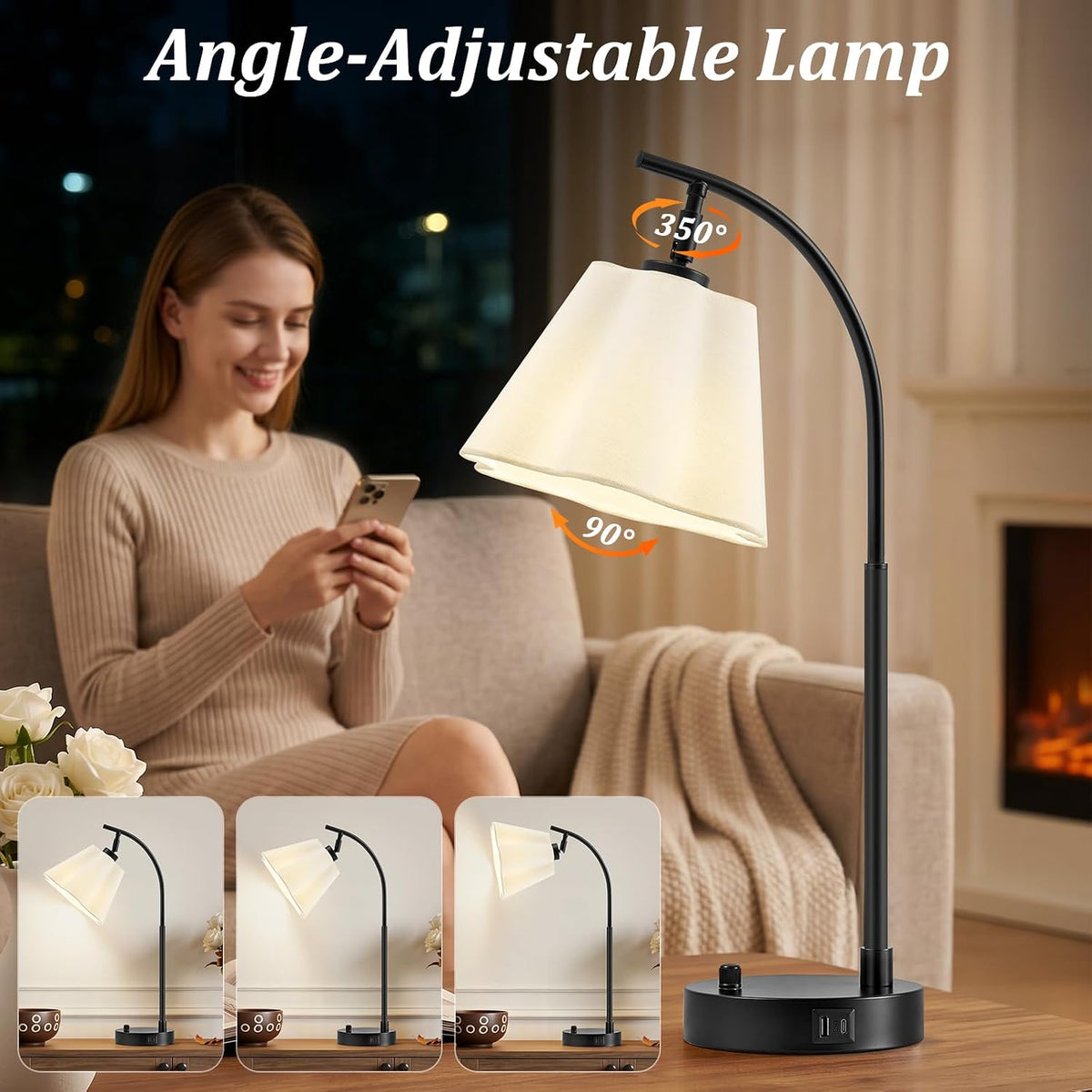 Table Lamps Set of 2, Stepless Dimmable Bedside Lamps with USB A&C Ports