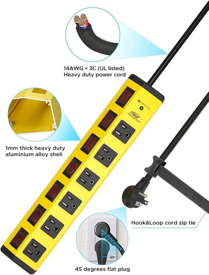 CRST 6-Outlet Heavy Duty Metal Power Strip with Individual Switches, 15AMP/1875W Surge Protector Power Strip(1200 Joules) for Home Garage Office Kitchen School, 6FT 14AWG Cord (Yellow)