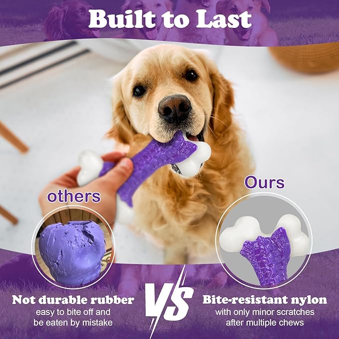 6-Pack Indestructible Dog Toys for Aggressive Chewers: Bacon Flavored Hard Nylon Bone Chew Toys, Tough Dog Chew Toys for Large Dogs, Dog Toys to Keep Them Busy for Medium Large Breed, Purple