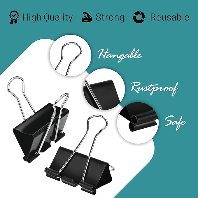 Binder Clips - 24 Small Binder Clips, 0.75 Inch Black Paper Clamps, File Clip for Home, Office and School Supplies