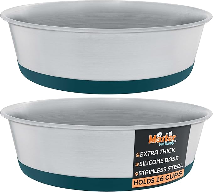 Master Pet Supply Stainless Steel Dog Bowls Set of 2 with Extra Thick Silicone Base - 16 Cup (128 oz) Emerald Sea, Non-Slip, Dishwasher Safe Metal Bowls, Pet Dog Food Bowl for Dogs, Cats, Anti Rust