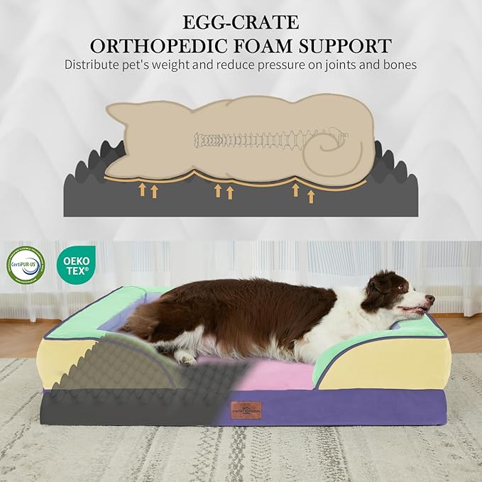 Comfort Expression Orthopedic Dog Bed for Extra Large Dogs 42x30 Inch, Waterproof Egg Crate Foam XL Pet Bed with Removable Bolsters, Dog Couch with Washable Cover & Non-Slip Bottom, Frosted Grape