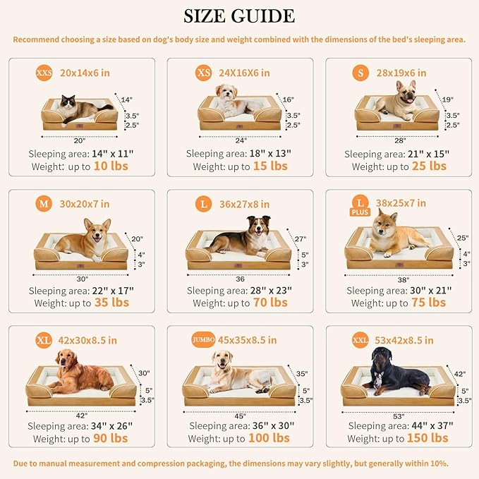 Comfort Expression Orthopedic Dog Bed for Large Dogs 38x25 Inch, Waterproof Supportive Egg Crate Foam Large Pet Bed with Removable Bolsters, Dog Couch with Washable Cover & Non-Slip Bottom, Caramel