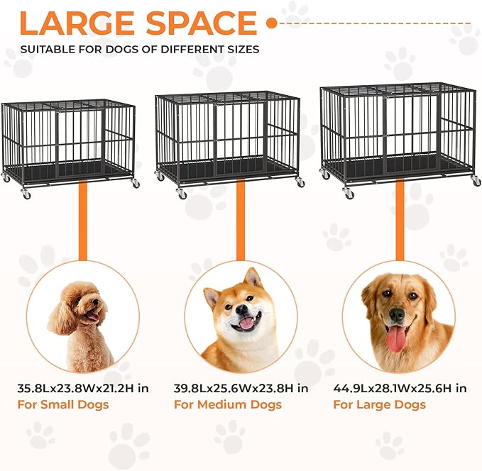 42 Inch Heavy Duty Dog Crate Steel Escape Proof,Indoor Double Door High Anxiety Cage, Removable Tray, Kennel with Wheels,XL XXL