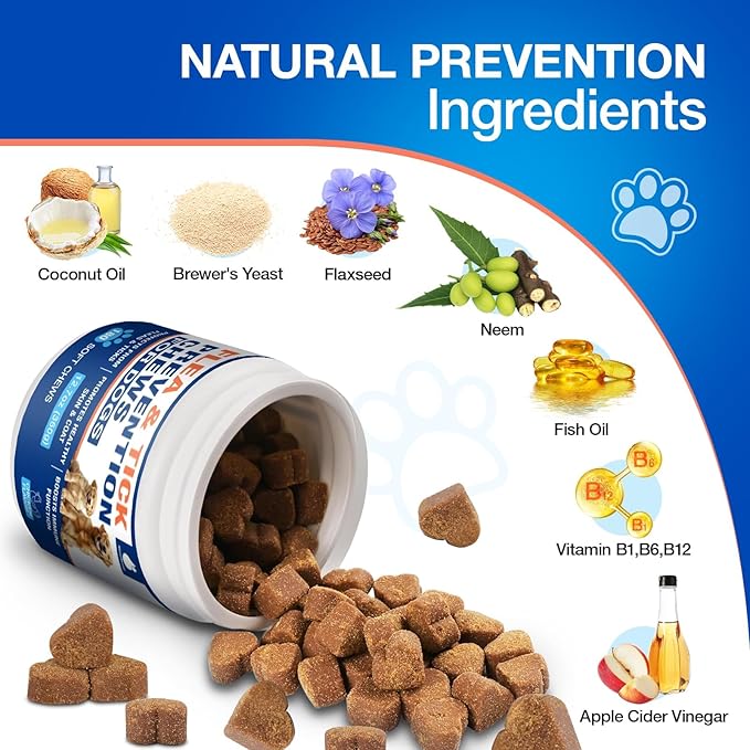 180 Cts, Flea and Tick Prevention for Dogs Chewables, Oral Flea Pills for Dogs Puppy, Natural Dog Flea and Tick Treatment, Skin & Coat Support Supplement, Soft Chews