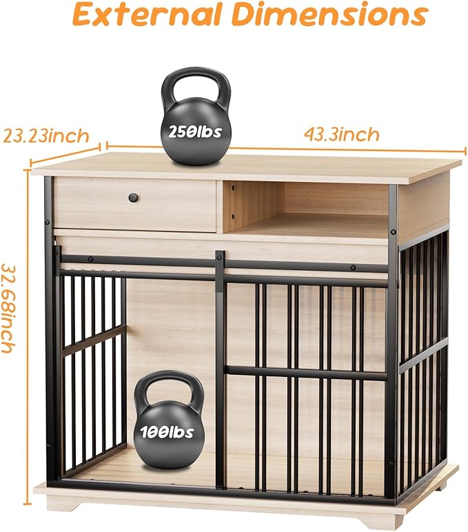 35.5" Dog Crate Furniture, Dog Kennel Indoor with Wheels for Medium Small Dogs, Wooden Dog Crate End Table with Drawer, Open Shelves and Sliding Door, Dog Kennel Furniture for Living Room, Bedroom