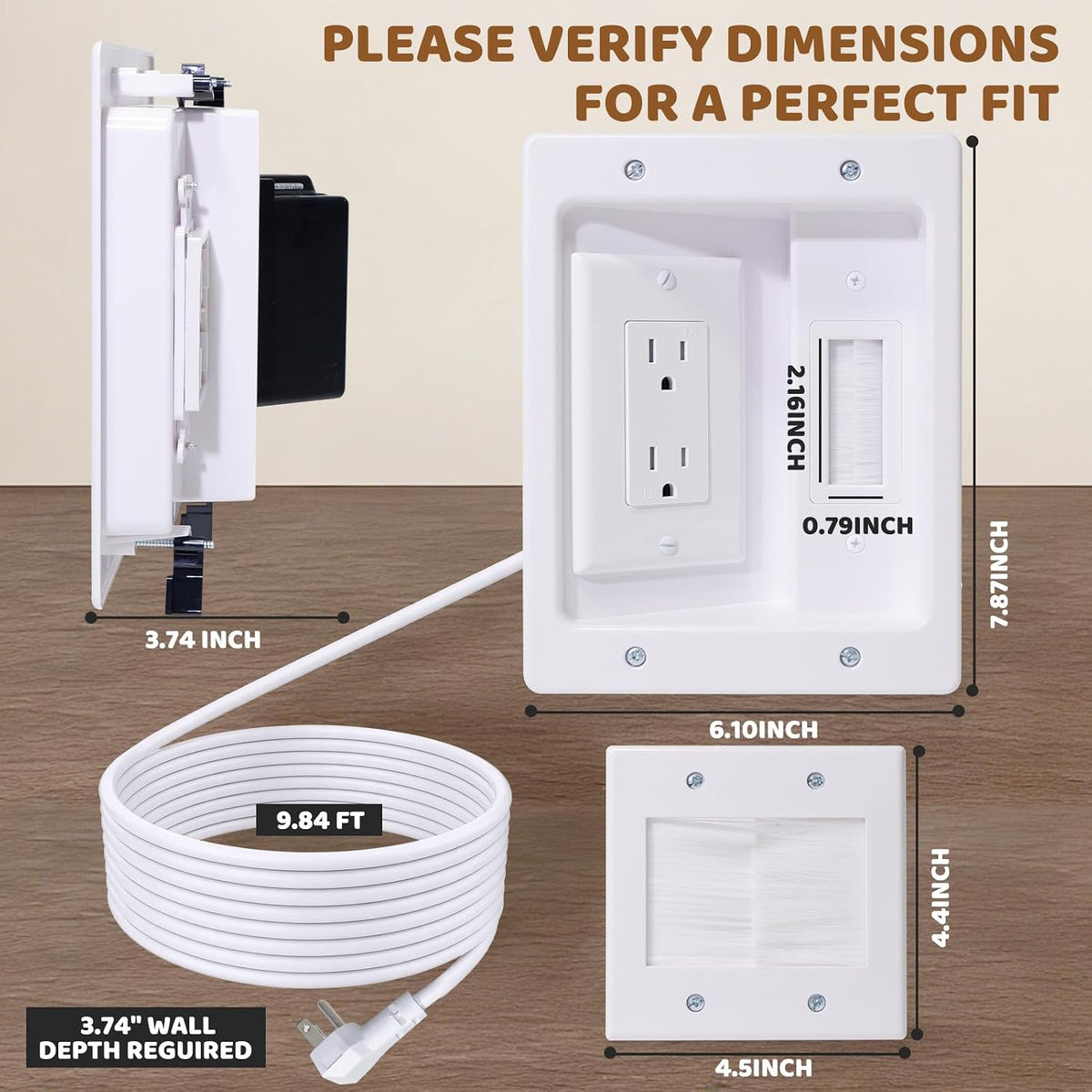 in Wall Cable Management Kit With Recessed Tv Socket Box, 9FT Cord, Tv Cable Concealment Management Kit, Wall Mounted Tv Recessed Socket Box Suitable for All Plugs