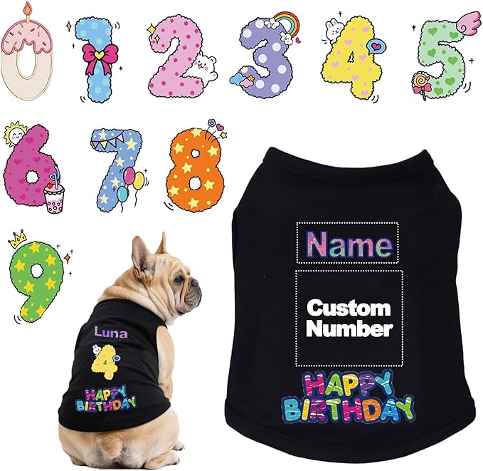 Custom Dog Birthday Shirt,Personalized Pet Apparel Print with Name Age Number,Pet Birthday Outfit,Lightweight Breathable Cotton Vest for Small Medium Large Dogs Cat (Black, 6X-Large)