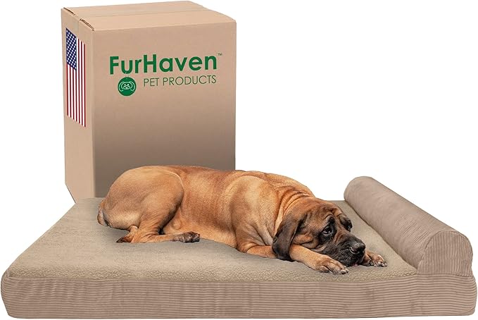Furhaven Orthopedic Dog Bed for Large Dogs w/ Removable Bolster & Washable Cover, For Dogs Up to 125 lbs - Fleece & Corduroy Bolster Chaise - Sandstone, Jumbo Plus/XXL