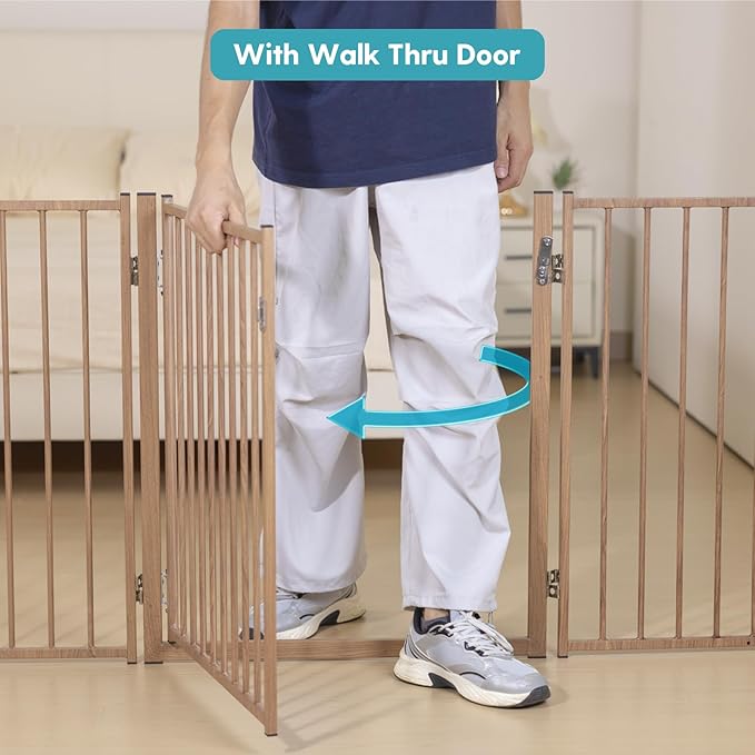 No Pawblems Free Standing Dog Gate with Door, 30'' Tall Foldable Dog Fence for Indoor & Outdoor, Up to 78 Inch Extra Wide Puppy Gate for Stairs, Hallways, Doorways, Deck, Yard (Wood Pattern, 3 Panels)