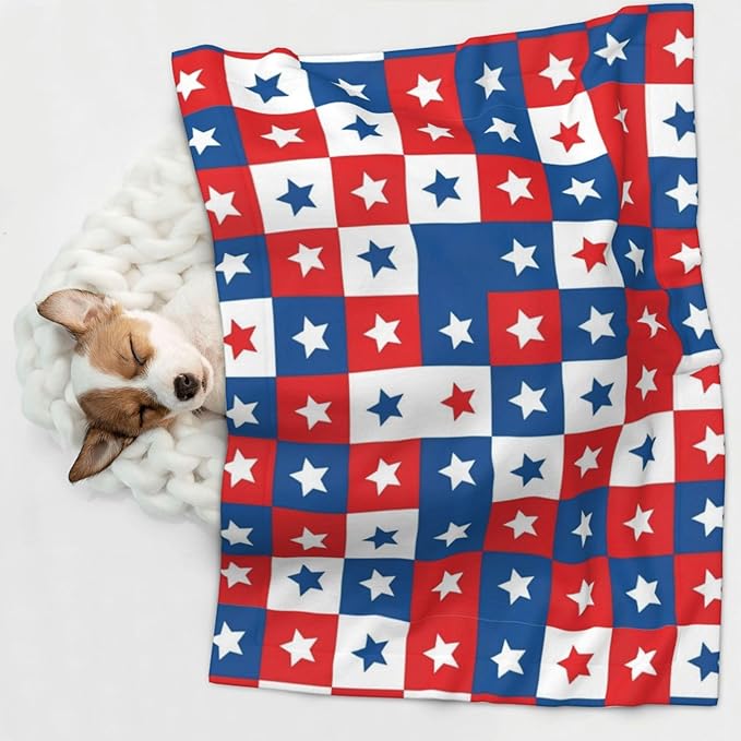 Reversible Dog Blanket for Beds Couches, American Flag Plaid Pattern, Double Sided Cat Blanket with Textured Dot Feel and Smooth Feel for Seasonal Comfort All Year