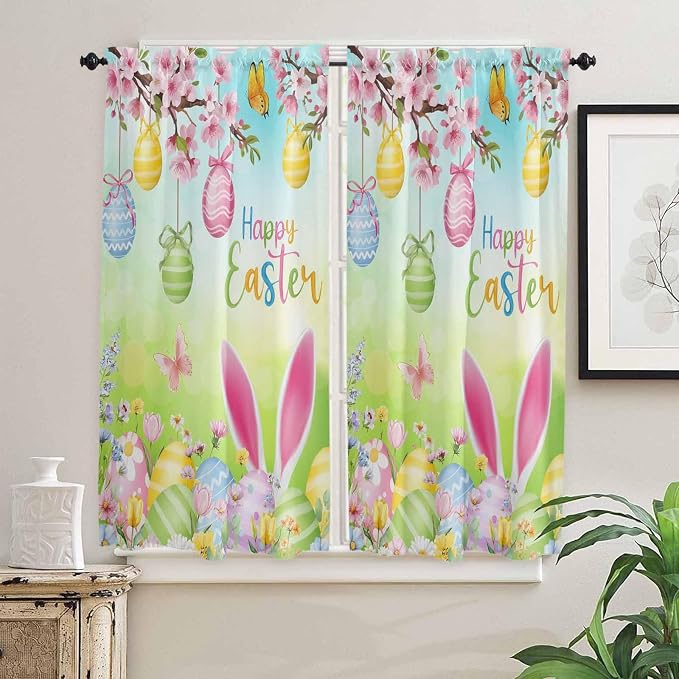 Easter Bedroom Curtains 63 Inches length, Spring Bunny Colorful Rabbit Eggs