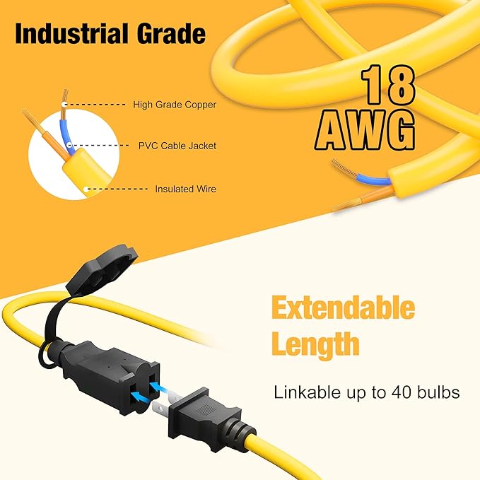 100FT Construction String Lights, IP65 Waterproof ETL Certified LED String Work Lights, 5000K Daylight 18AWG Wire Linkable Temporary Construction Lighting for Jobsite with 10 Bulbs & Hooks