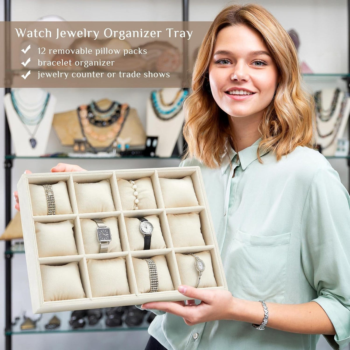 Henoyso 12 Grid 2 Pack Watch Organizer Drawer Bangle Tray Stackable Beige