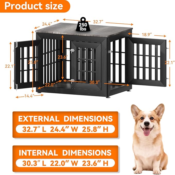 32" Heavy Duty Dog Crate Furniture for Small,Medium and Large Dogs,Rustic Wooden Dog Cage Kennel Indoor Furniture with Waterproof Top,Decorative Pet House Side End Table (Black & Grey)