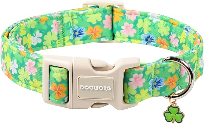 DOGWONG St. Patrick Dog Collar, Comfortable Adjustable Green Clover Pattern Dog Collar for Small Male Female Dogs,S