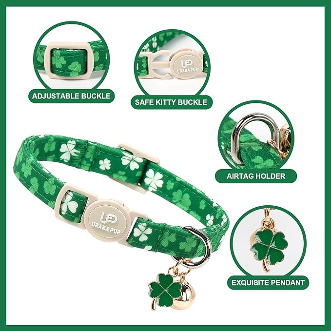 Cat Collar,2Pack St.Patrick's Day Cat Collars Cute Breakaway Kitty Collars,Spring Green Shamrock Cat Collar with Bell, Lucky Clover Kitten Collars with Safety Buckle for Girl & Boy Cats