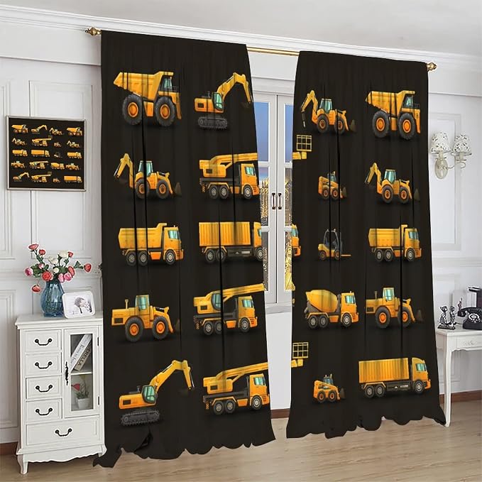 Kids Construction Window Curtains, Construction Machinery Equipment Mode of