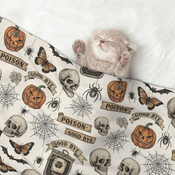 Two Sided Pet Cuddler Blanket for Anxiety Calming, Vintage Skull Skeleton Spider Web Witch Board Gothic, Reversible Plush Design with Bubble Dot Pattern Provides Familiar Surface Anywhere