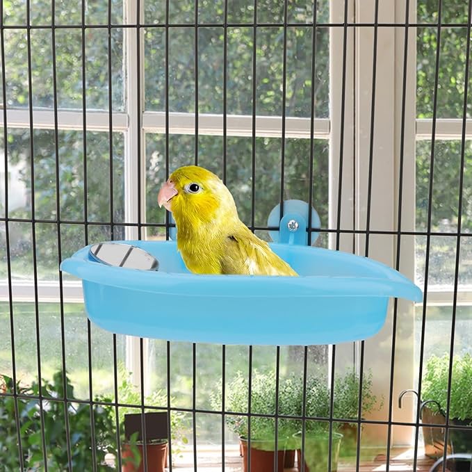 Hypeety Bird Bath with Mirror Portable Bird Bath Bird Bathroom for Pet Parrots Bathing Tub Bath Box Bird Shower Bathtub Accessories (Blue-Bird Bathtub with Mirror)