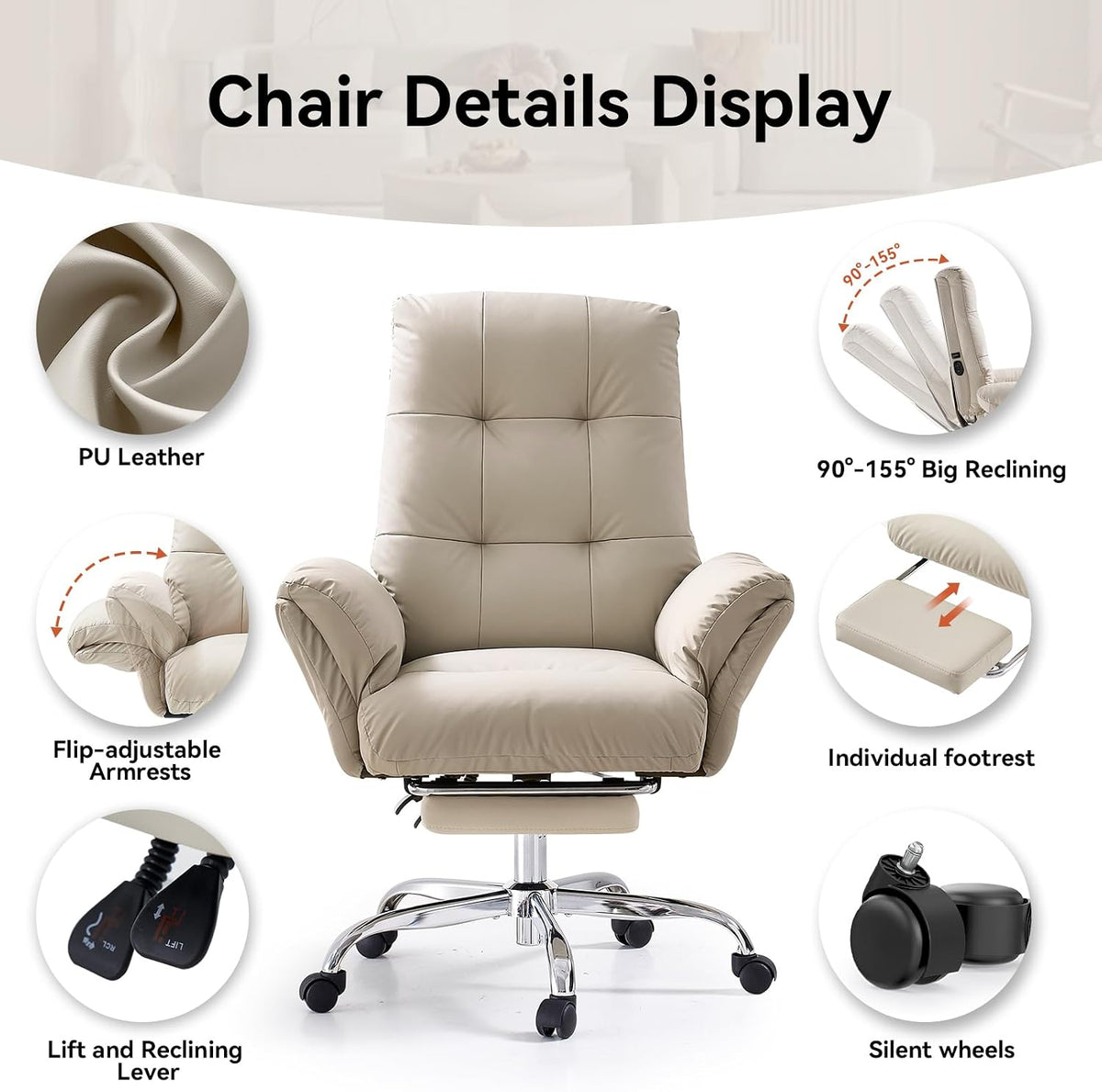 EMIAH Heated and Massage Office Chair with Foot Rest, PU Leather, Beige