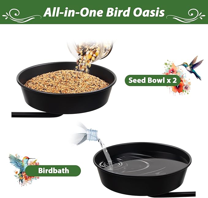 BOLITE Bird Bath for Outside, Metal Freestanding Birdbaths with Bath Bowl and Seed Bowl, Hummingbird Feeders for Outdoors Garden Patio Yard Lawn Decor, Black, Gifts for Mom Dad, Gifts for Women Men