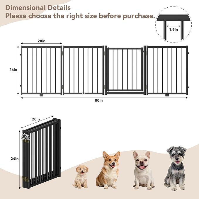 Full Metal Freestanding Dog Gate with Door, 24'' Height Foldable Pet Dog Fence for Indoor & Outdoor, 4 Panels Extra Wide Free Standing SmallDog Gates for Doorways,House,Stairs,Porch,Deck,Yard