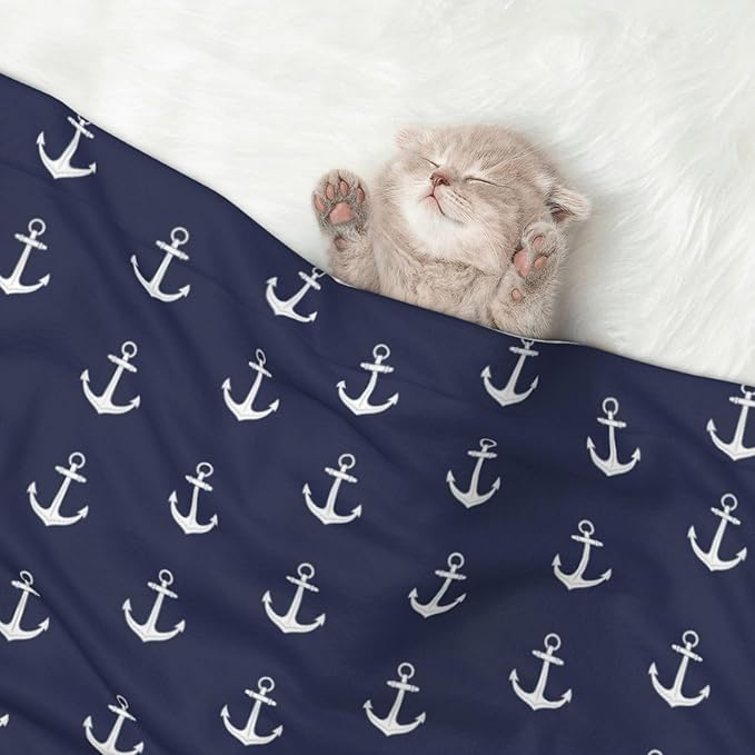 Double Sided Plush Pet Blanket with Cozy Dot Texture and Smooth Reverse, Nautical Anchor Navy, Reversible Throw for Dogs Cats on Couches Beds Crates