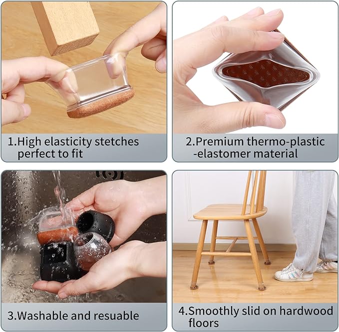 Ezprotekt 24 Pcs XL Square Clear Chair Leg Floor Protectors, Silicone Felt