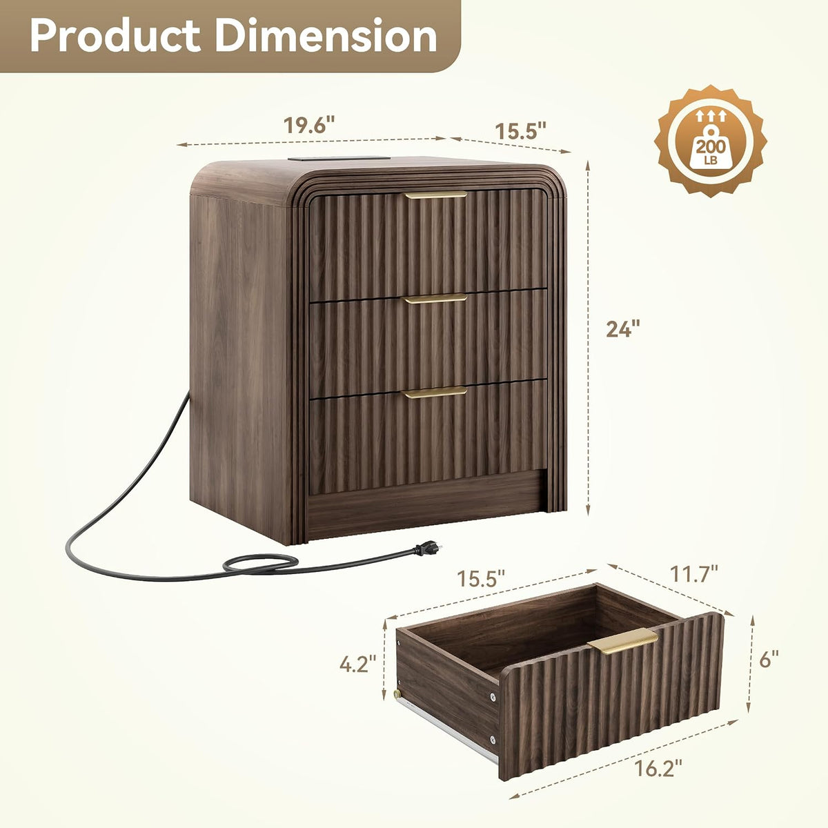 Decofy Fluted 3-Drawer Nightstand Set of 2 with Charging Station, Walnut