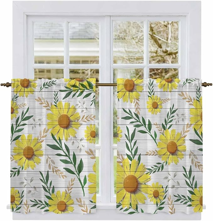 Yellow Daisy Kitchen Curtains, Farmhouse Country Flower Leaf Plant Wood Grain
