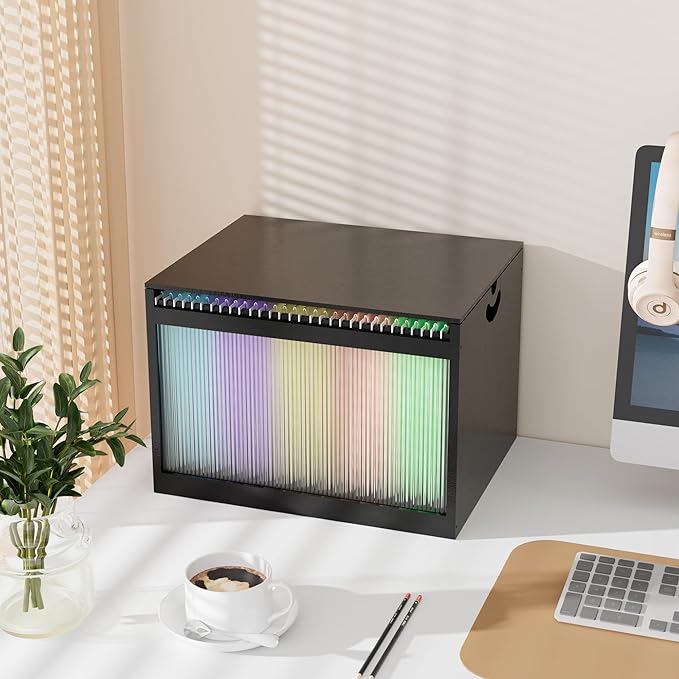 Black Bamboo & Acrylic File Box with Removable Lid, Letter/Legal Size, Hanging Folders, Dustproof, Home Office Storage
