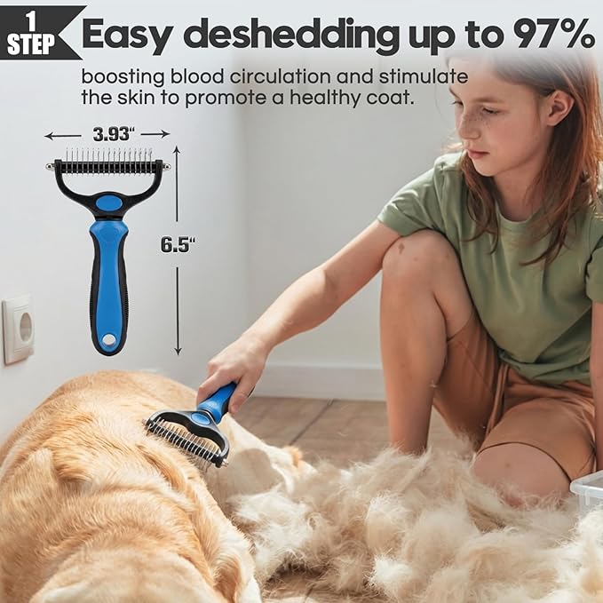Dog Slicker Brush for Dogs Grooming Kit 4PCS | Large Dog Brush for Goldendoodles Poodles Doodles | Long Pin Haired Brush | Poodle Brushes and Comb (Blue)