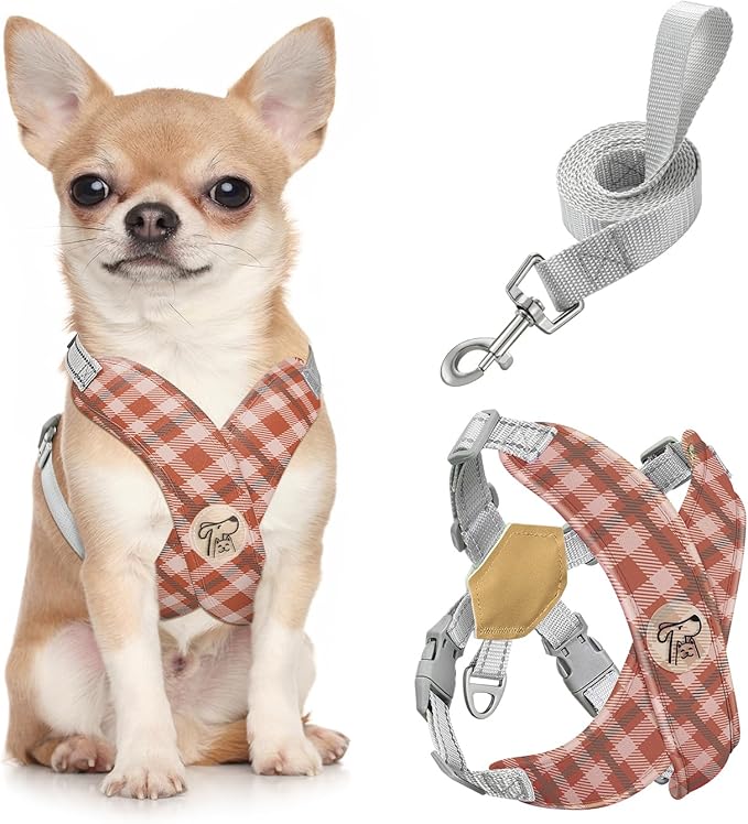 Pawaboo Small Dog Harness and Leash Set, Puppy Harness X-Frame No Pull No Choke, Dog Vest Harness Adjustable for Small Medium Sized Dogs,Soft Breathable Pet Harness for Walking Outing, S, Khaki Plaid