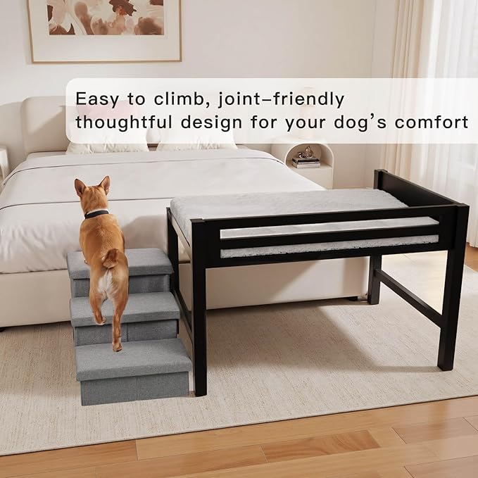 41‘’x27''Bedside Dog Bed with Stairs, Wooden Elevated Dog Bunk Bed Cosleeper with Removable Mattress, Foldable 3-Step Stairs & Guardrail, Bassinet-Style Pet Bed for Large Dogs