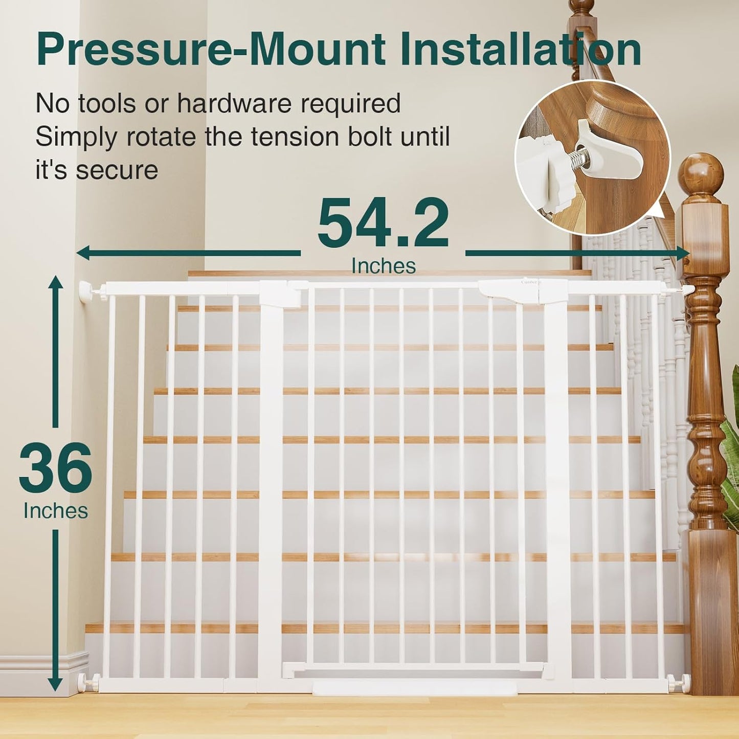 Cumbor 36" Extra Tall Baby Gate for Stairs, 29.7-54.2" Extra Wide Dog Gate for Doorways Hallways, Pressure Mounted Child Gate for Wide Opening, Auto Close Personal Safety for Babies and Pets, White