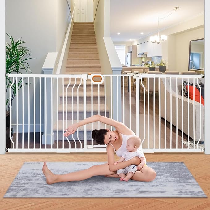 owlie Baby Gate Indoor 75-85 Inch, Extra Wide Safety Gate for Dogs Large Stairway Gate Adjustable Baby Gates Pressure Mount Wide Gates for Pet Stairway Doorways No Drilling White (30.5'' Tall)