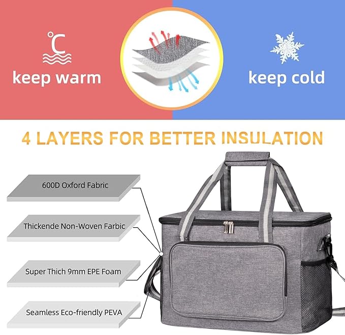 iknoe Large Cooler Bag Collapsible, 24L Insulated Bags, Leakproof Lunch Cooler Tote with Multi-Pockets for Adult Insulated Thermal Bag for Beach, Picnic, Office Work, Grey 36-Can