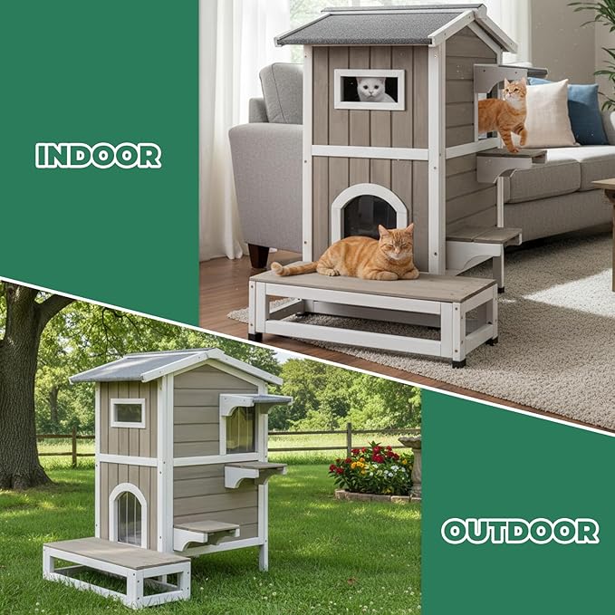 Outdoor Cat House Weatherproof, Wood Two Story Cat House with Openable Roof, 4 Doors, Balcony, Outside Indoor Pet House Feral Cats Shelter with Jumping Platforms for Small Animals, Grey
