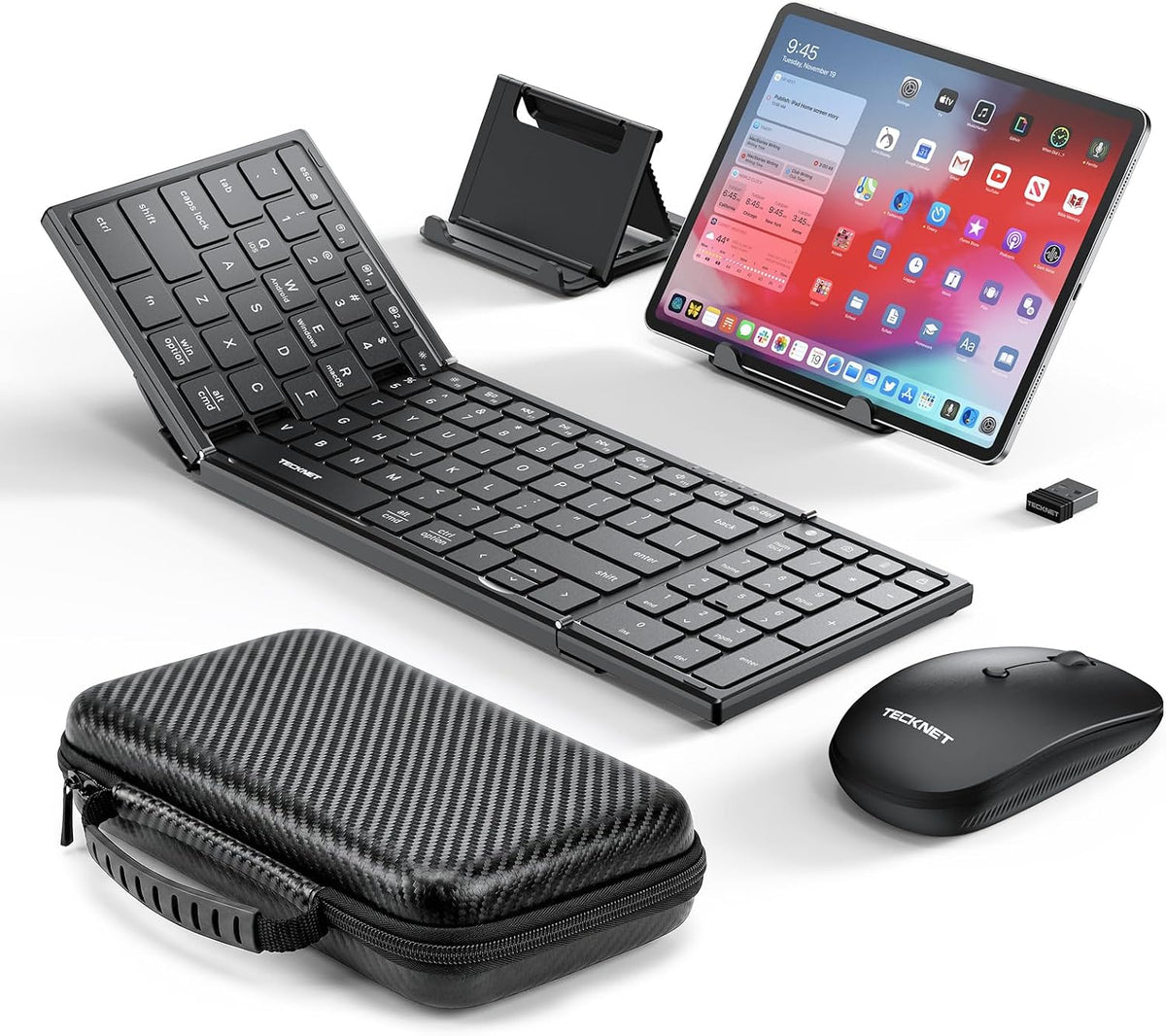TECKNET Foldable Bluetooth Keyboard and Mouse Combo, Wireless Keyboard Mouse, Rechargeable 2.4G & Dual Bluetooth Travel Keyboard Mouse Set for Business Travel, Compatible with Windows/Mac/iOS/Android