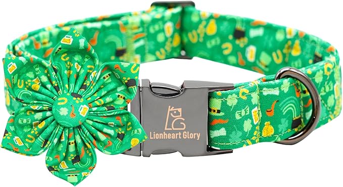 Lionheart glory St. Patrick's Day Dog Collar with Flower Dog Collars for X-Small Dogs, Heavy Duty Green Collars Bows Lucky Clover Shamrock Pet Collar Flower Puppy