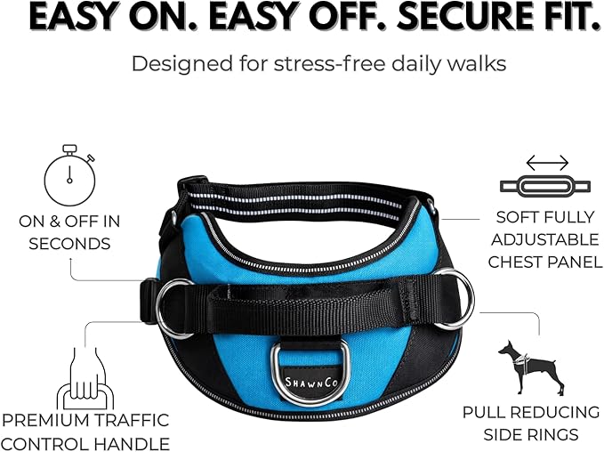 ShawnCo Essential Dog Harness, No-Pull Pet Vest with 3 Leash Clips, No Choke, Reflective, Adjustable and Padded, for Easy Walking and Training for Small, Medium and Large Dogs (Oceanic Blue, S)