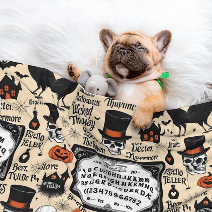 Double Sided Plush Pet Blanket with Cozy Dot Texture, Halloween Witchcraft Witch Pumpkin Spider Web Bat Raven Magic Board Spirit Skull Skeleton Vintage Black, Reversible for Dogs Cats on Couches Beds