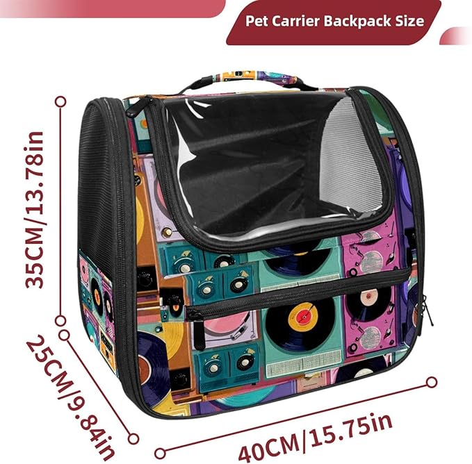 Color Record Player Pattern (3) Cat Backpack Carrier Pet Backpack Carrier for Small Dogs and Medium cat Puppy Kitten Bunny