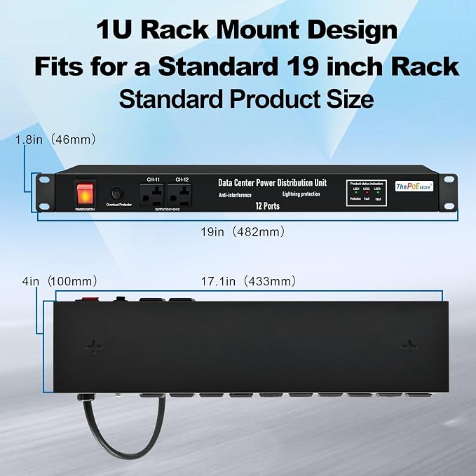 1U PDU Network Servers Surge Protector Power Distribution Unit 12-Outlet