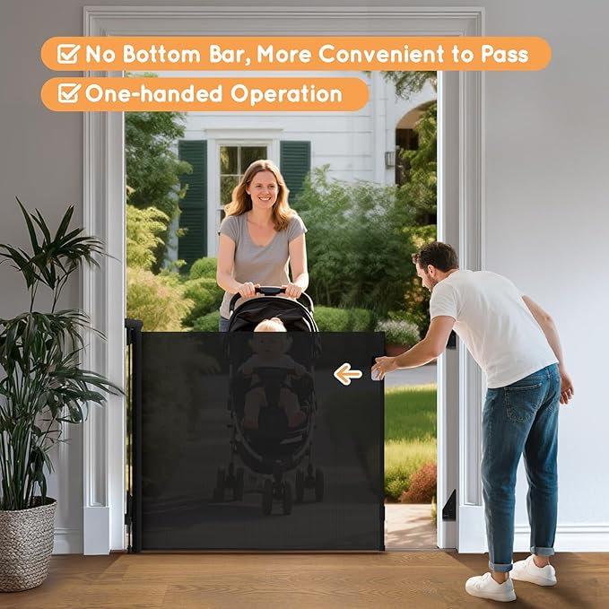 Retractable Baby Gate for Stairs, 55" Wide Mesh Pet Gate, Automatic Tension, One-Hand Operation, 38" Tall Baby Gates for Doorways, Hallways, Deck, Indoor Outdoor, Safe, Easy to Fit, Black